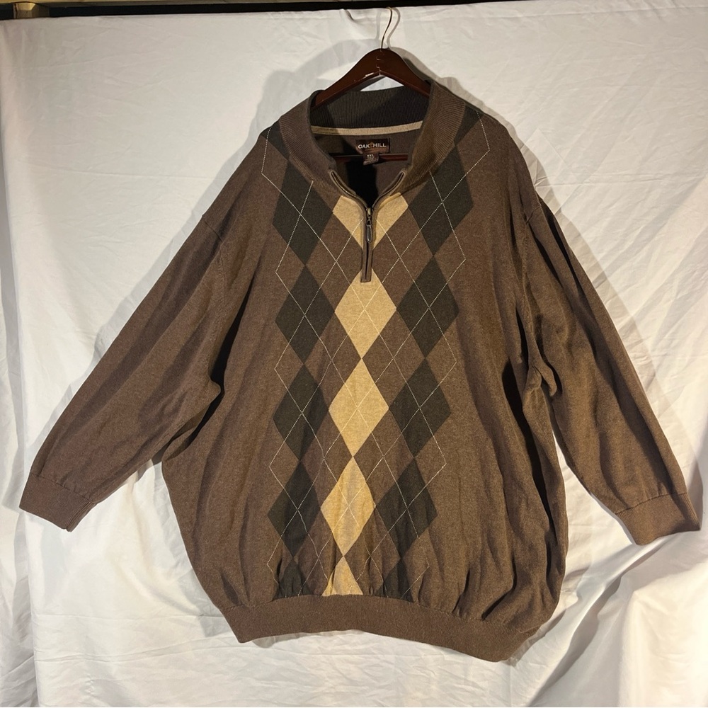 Oak Hill Men's 1/4 Zip Pullover Sweater Brown Diamond Pattern 6XL Cotton